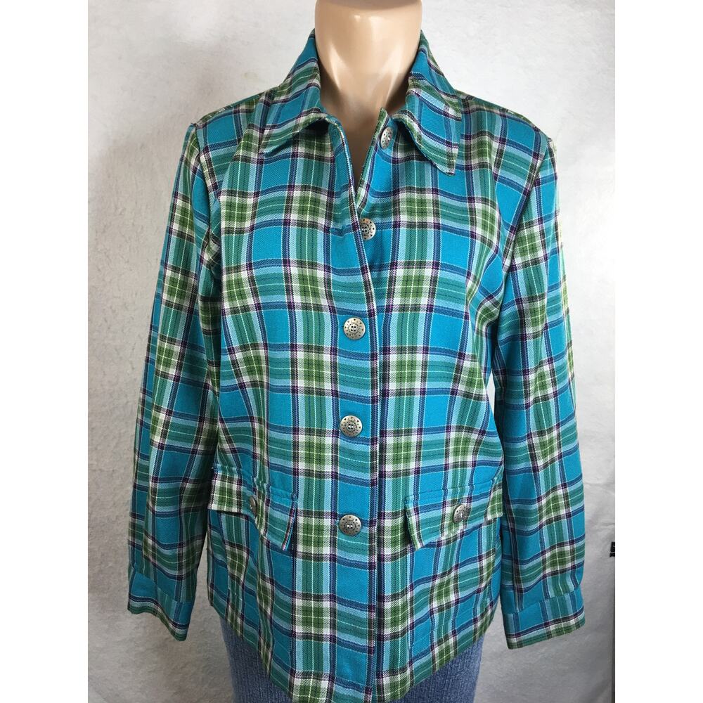 Southern Lady Top Shacket Womens 8 Flannel Button Down Teal Blue & Green Plaid
